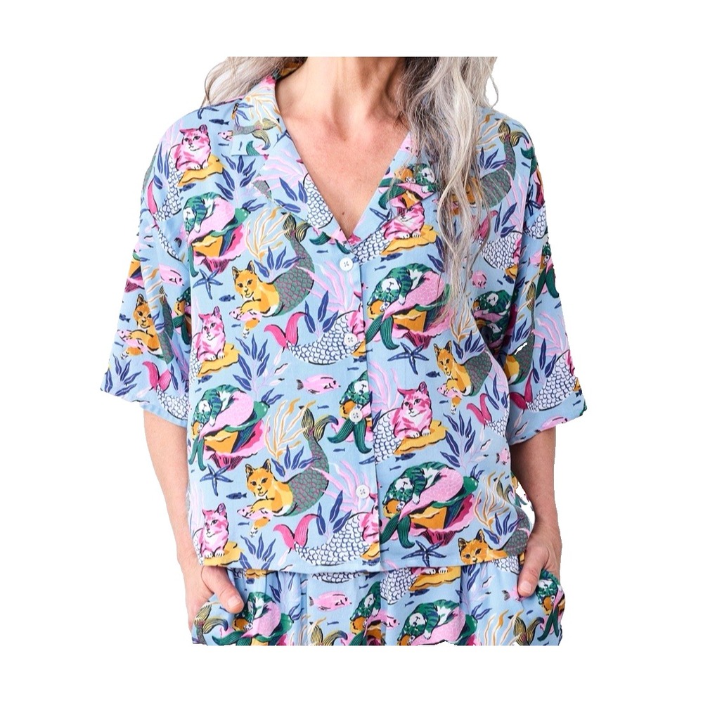 Print Fresh Meowing Mermaids Eco Sating Pajama Top Size S Cropped Playful Kitten